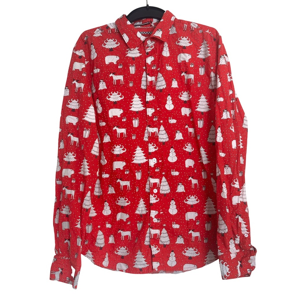 Denim & Flower Ricky Singh Red & White Allover Holiday Print Button Down Shirt